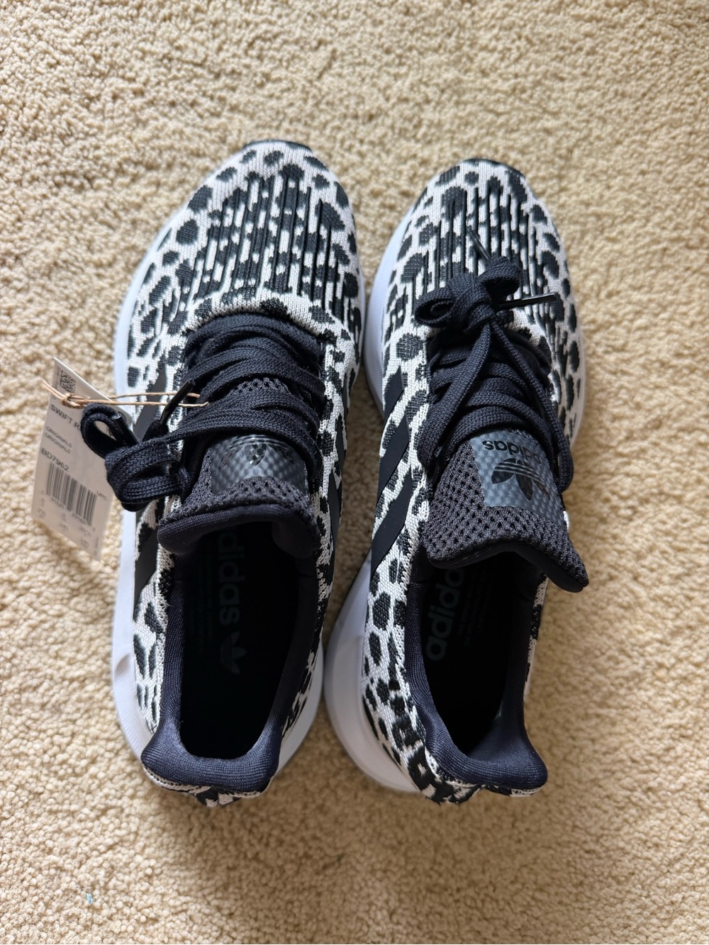 adidas Women's Swift Run Black and White Leopard Knit Sneakers